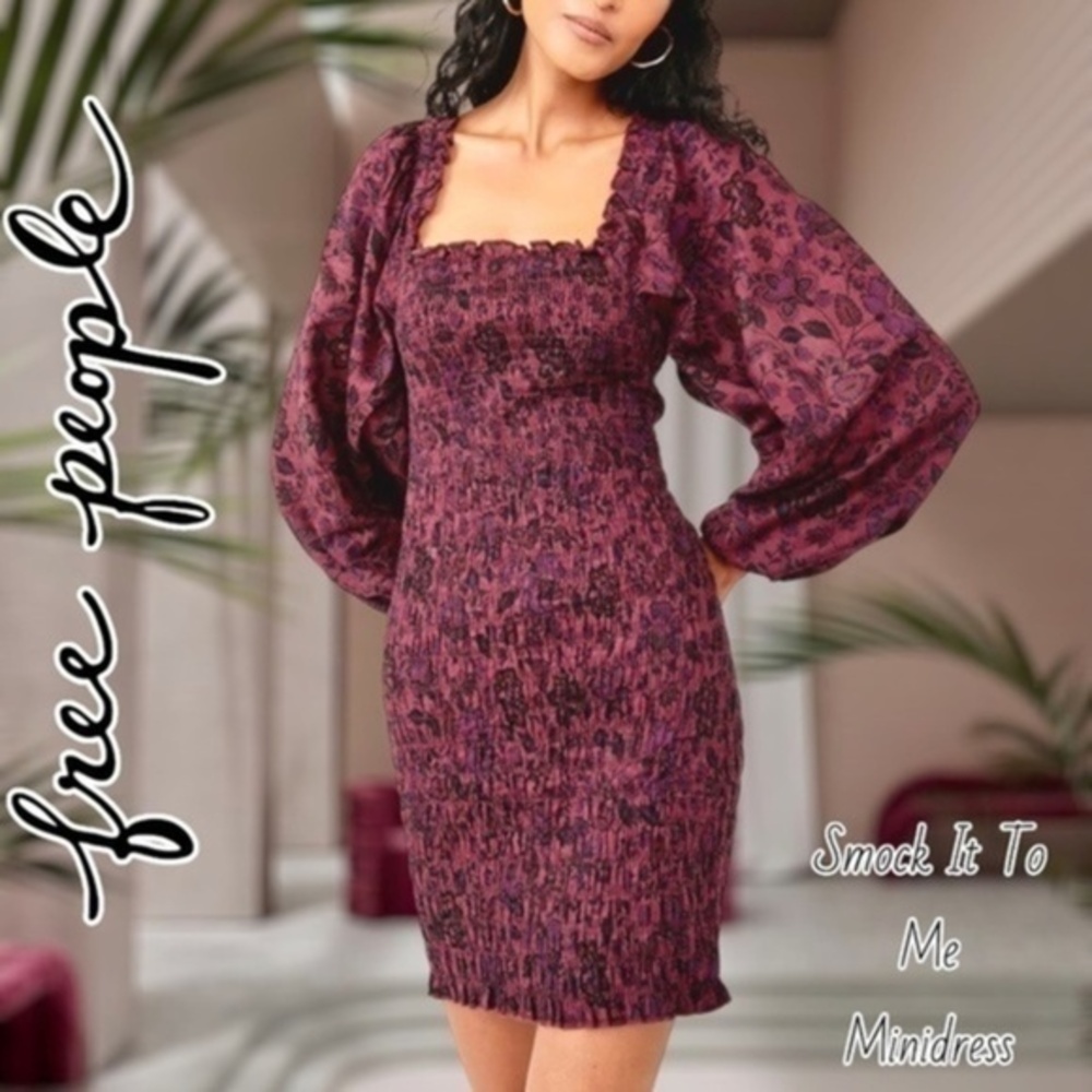 FREE PEOPLE Smock it to Me Puff-Sleeve On/Off Shoulder Smocked MiniDress/Md NWT